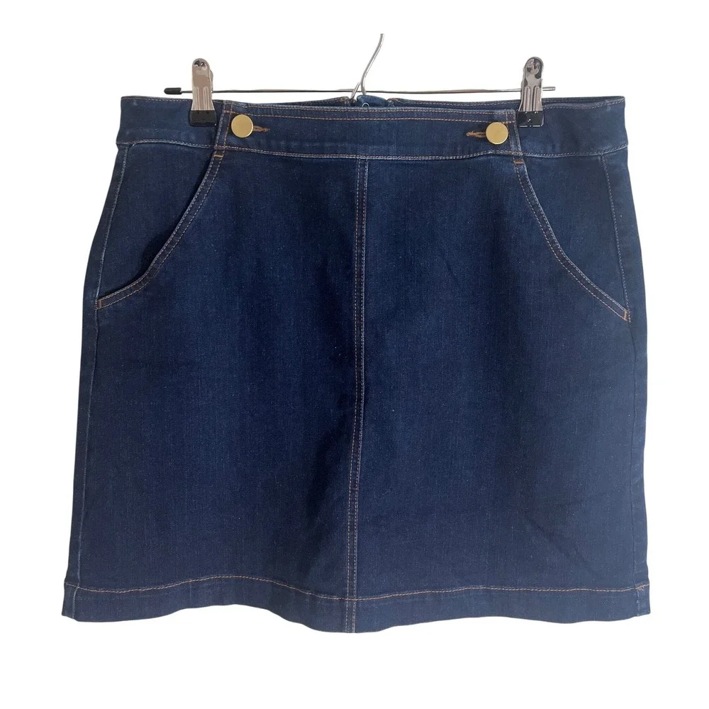 Loft Skirt Women 12 Dark Wash Denim Mini A-Line Gold Zip Pockets Casual Classic